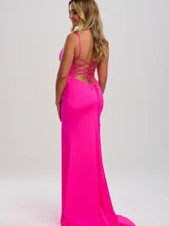 Linzi Jay V-Ausschnitt Stretch Satin Korsett Ballkleid mit Schleppe* Linzi Jay Prom Dresses | Rosa Ballkleider