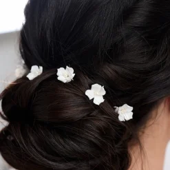 Lace & Favour Mae Satz von 3 Elfenbein zierliche Keramik Blume Haarnadeln* Perlen-haarschmuck | Silberne Haar-accessoires