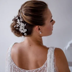 Twilight Designs Magnolia Porzellan Blumen und Kristall Blätter Hochzeit Haarspange* Perlen-haarschmuck | Silberne Haar-accessoires