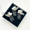 Beads & Beyond Mirabelle 3er Set aus elfenbeinfarbenen Keramikblumen und Perlen Mini-Haarkämme* Perlen-haarschmuck | Silberne Haar-accessoires