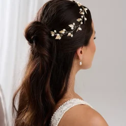 Lace & Favour Oktober Gold Blätter und Perlen Lange Hochzeit Haarsträhne* Perlen-haarschmuck | Gold-haar-accessoires