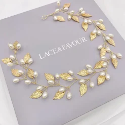 Lace & Favour Oktober Gold Blätter und Perlen Lange Hochzeit Haarsträhne* Perlen-haarschmuck | Gold-haar-accessoires
