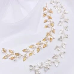 Lace & Favour Oktober Gold Blätter und Perlen Lange Hochzeit Haarsträhne* Perlen-haarschmuck | Gold-haar-accessoires
