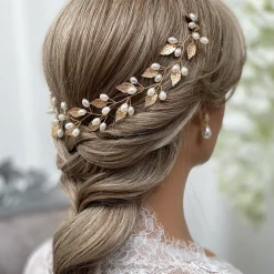 Lace & Favour Oktober Gold Blätter und Perlen Lange Hochzeit Haarsträhne* Perlen-haarschmuck | Gold-haar-accessoires