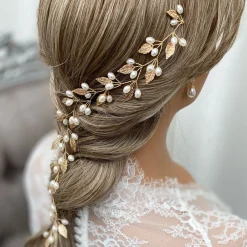 Lace & Favour Oktober Gold Blätter und Perlen Lange Hochzeit Haarsträhne* Perlen-haarschmuck | Gold-haar-accessoires
