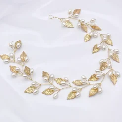 Lace & Favour Oktober Gold Blätter und Perlen Lange Hochzeit Haarsträhne* Perlen-haarschmuck | Gold-haar-accessoires