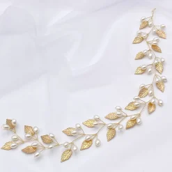 Lace & Favour Oktober Gold Blätter und Perlen Lange Hochzeit Haarsträhne* Perlen-haarschmuck | Gold-haar-accessoires