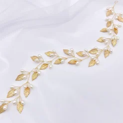 Lace & Favour Oktober Gold Blätter und Perlen Lange Hochzeit Haarsträhne* Perlen-haarschmuck | Gold-haar-accessoires