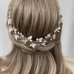 Lace & Favour Oktober Silberne Blätter und Perlen Lange Hochzeits-Haarschleife* Perlen-haarschmuck | Silberne Haar-accessoires