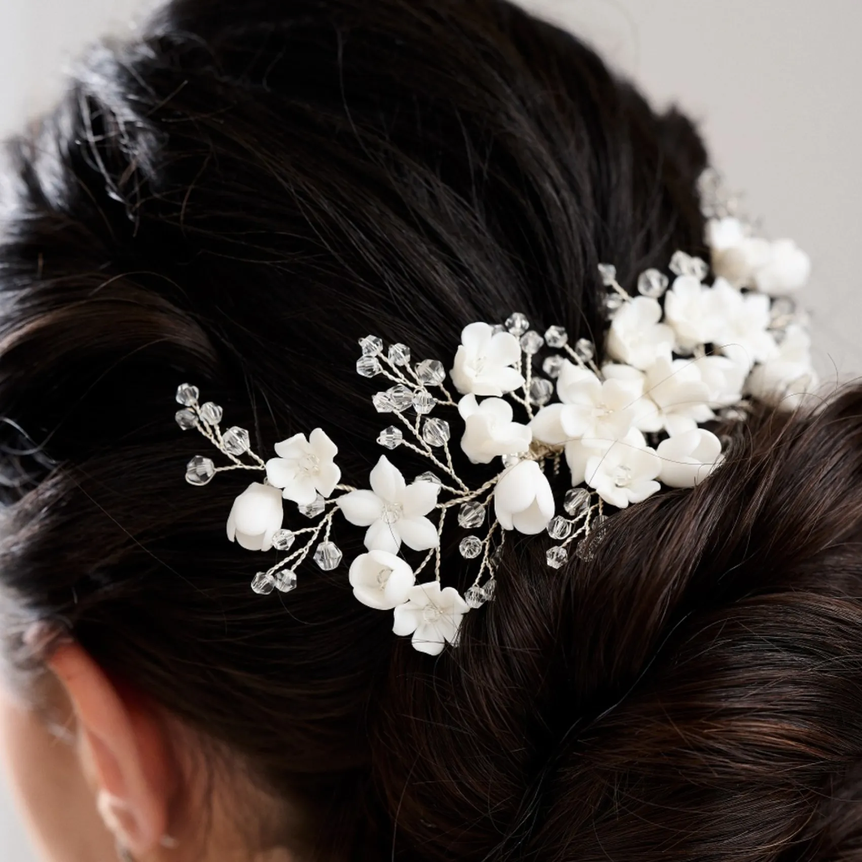 Lace & Favour Palisander Porzellan Blumen und Kristall Silber Haarkamm* Haarschmuck Aus Kristall | Silberne Haar-accessoires