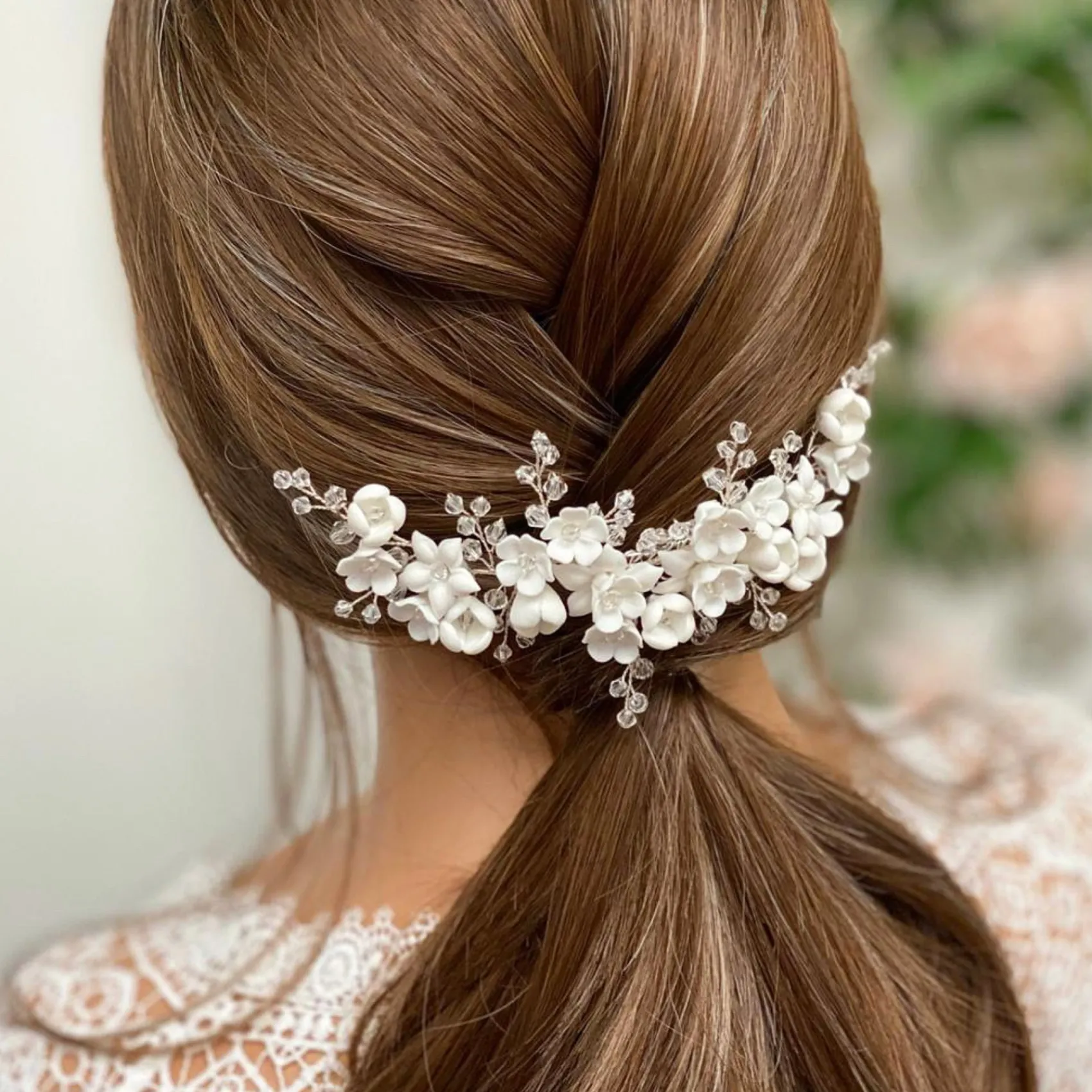 Lace & Favour Palisander Porzellan Blumen und Kristall Silber Haarkamm* Haarschmuck Aus Kristall | Silberne Haar-accessoires