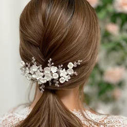 Lace & Favour Palisander Porzellan Blumen und Kristall Silber Haarkamm* Haarschmuck Aus Kristall | Silberne Haar-accessoires
