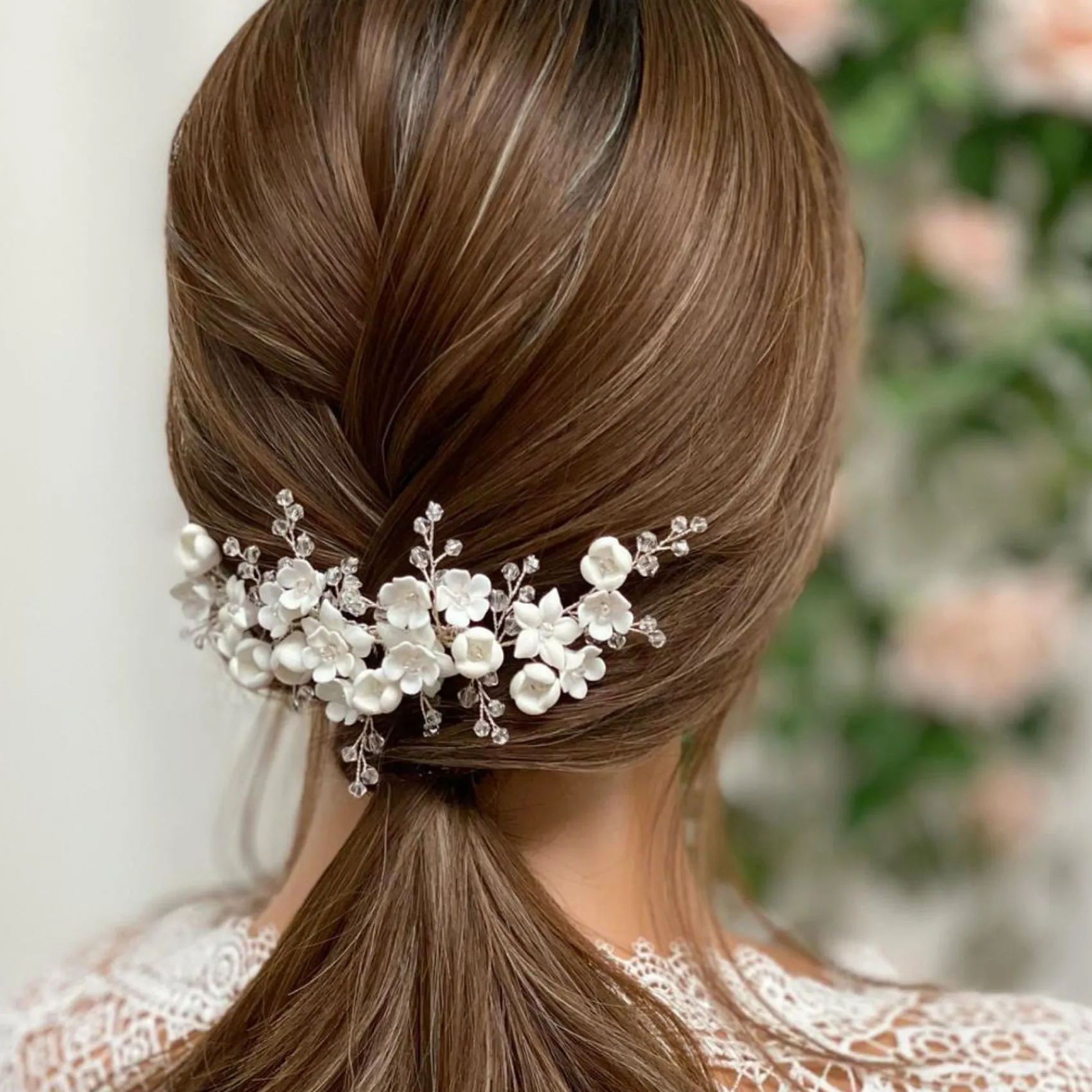 Lace & Favour Palisander Porzellan Blumen und Kristall Silber Haarkamm* Haarschmuck Aus Kristall | Silberne Haar-accessoires