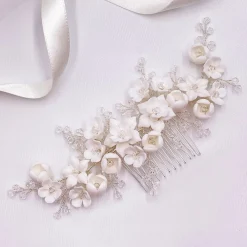 Lace & Favour Palisander Porzellan Blumen und Kristall Silber Haarkamm* Haarschmuck Aus Kristall | Silberne Haar-accessoires