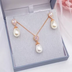 Lace & Favour Paloma Rose Gold Teardrop Perlen Brautschmuck Set* Geschenke Für Die Braut | Perlen-hochzeitsschmuck
