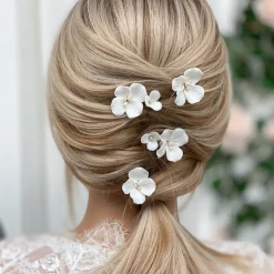 Lace & Favour Paradies Elfenbein Keramik Blume Haarnadeln* Perlen-haarschmuck | Silberne Haar-accessoires