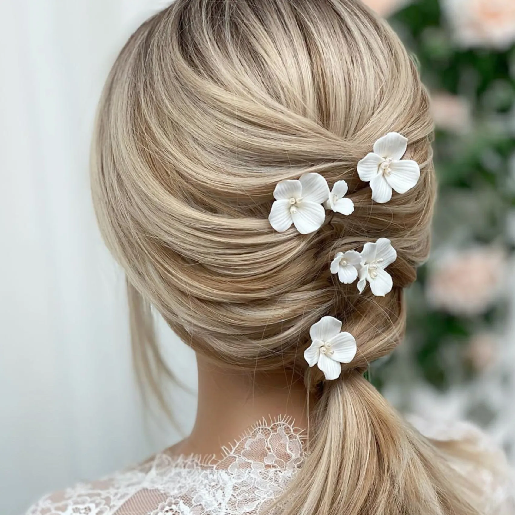 Lace & Favour Paradies Elfenbein Keramik Blume Haarnadeln* Perlen-haarschmuck | Silberne Haar-accessoires