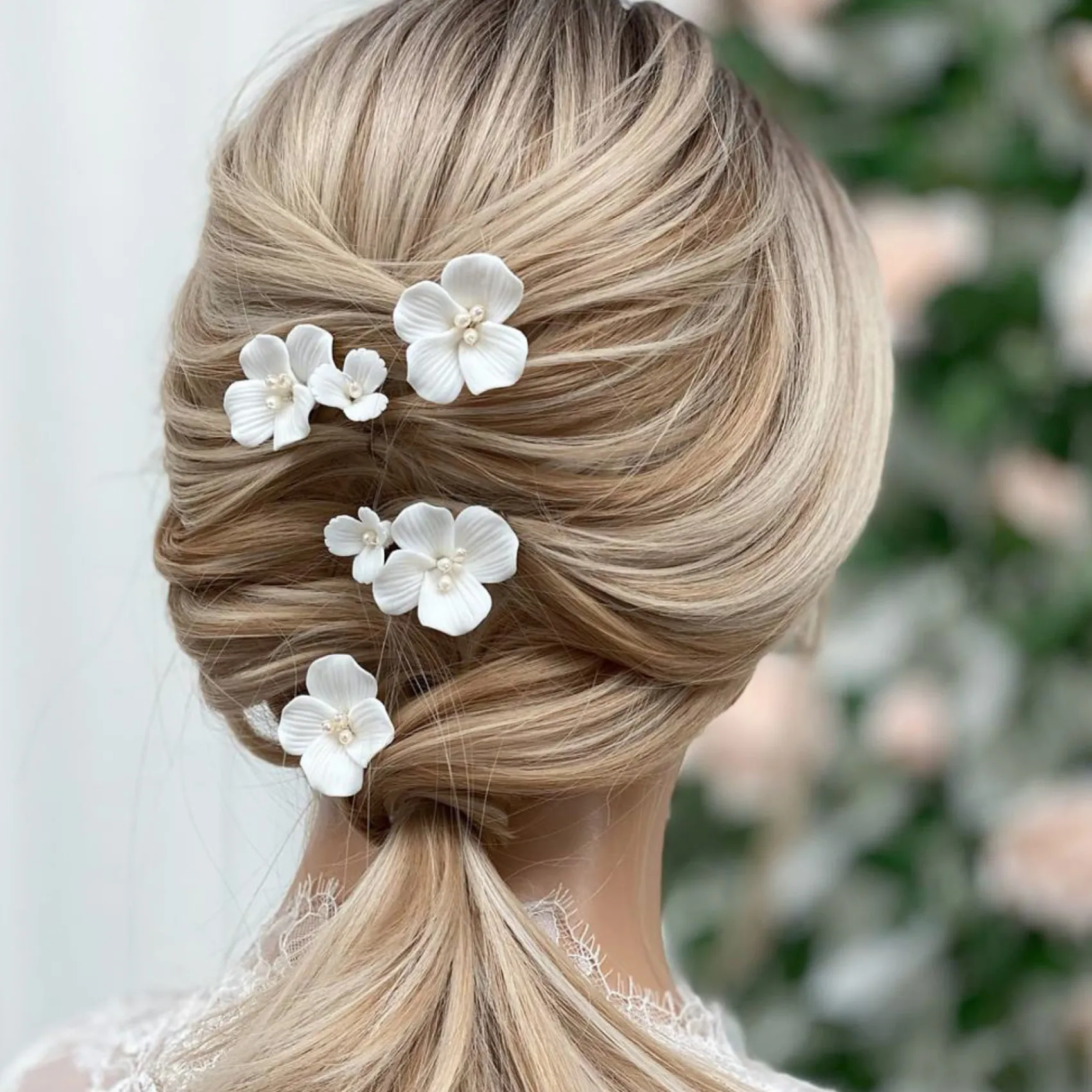 Lace & Favour Paradies Elfenbein Keramik Blume Haarnadeln* Perlen-haarschmuck | Silberne Haar-accessoires