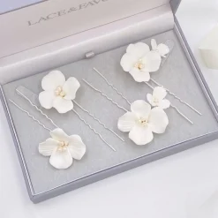 Lace & Favour Paradies Elfenbein Keramik Blume Haarnadeln* Perlen-haarschmuck | Silberne Haar-accessoires
