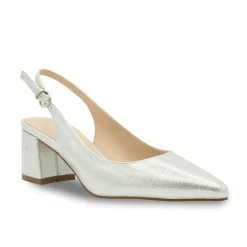 Paradox London Flynn Silber Schimmer Breite Passform Niedriger Blockabsatz Slingbacks* Glitzernde Ballschuhe | Silberne Ballschuhe