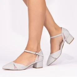 Paradox London Frankie Silber Glitter Breite Passform Low Block Court Schuhe* Glitzernde Ballschuhe | Silberne Ballschuhe