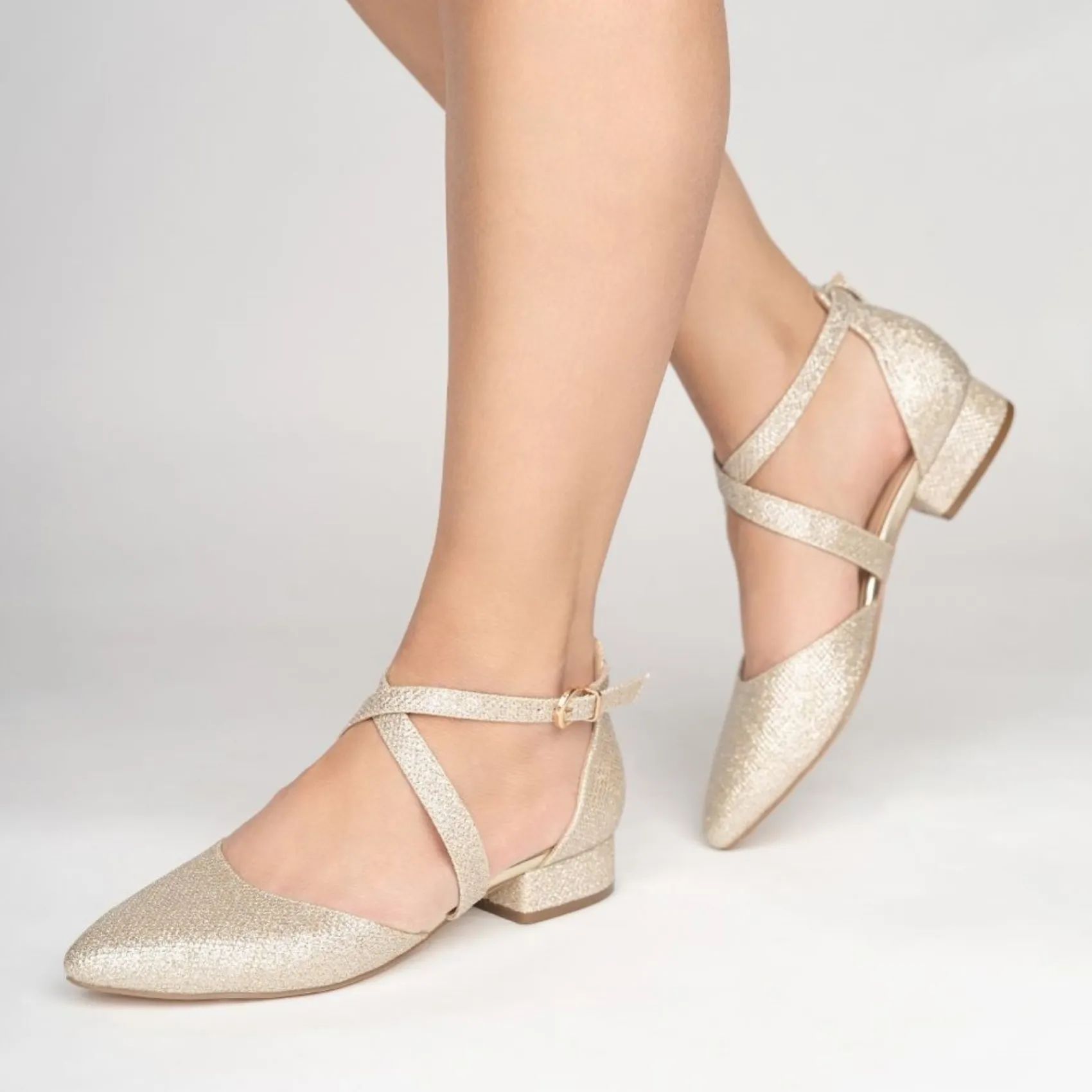 Paradox London Inaya Champagner Schimmer Cross Strap Low Block Heels* Glitzernde Ballschuhe | Goldene Ballschuhe