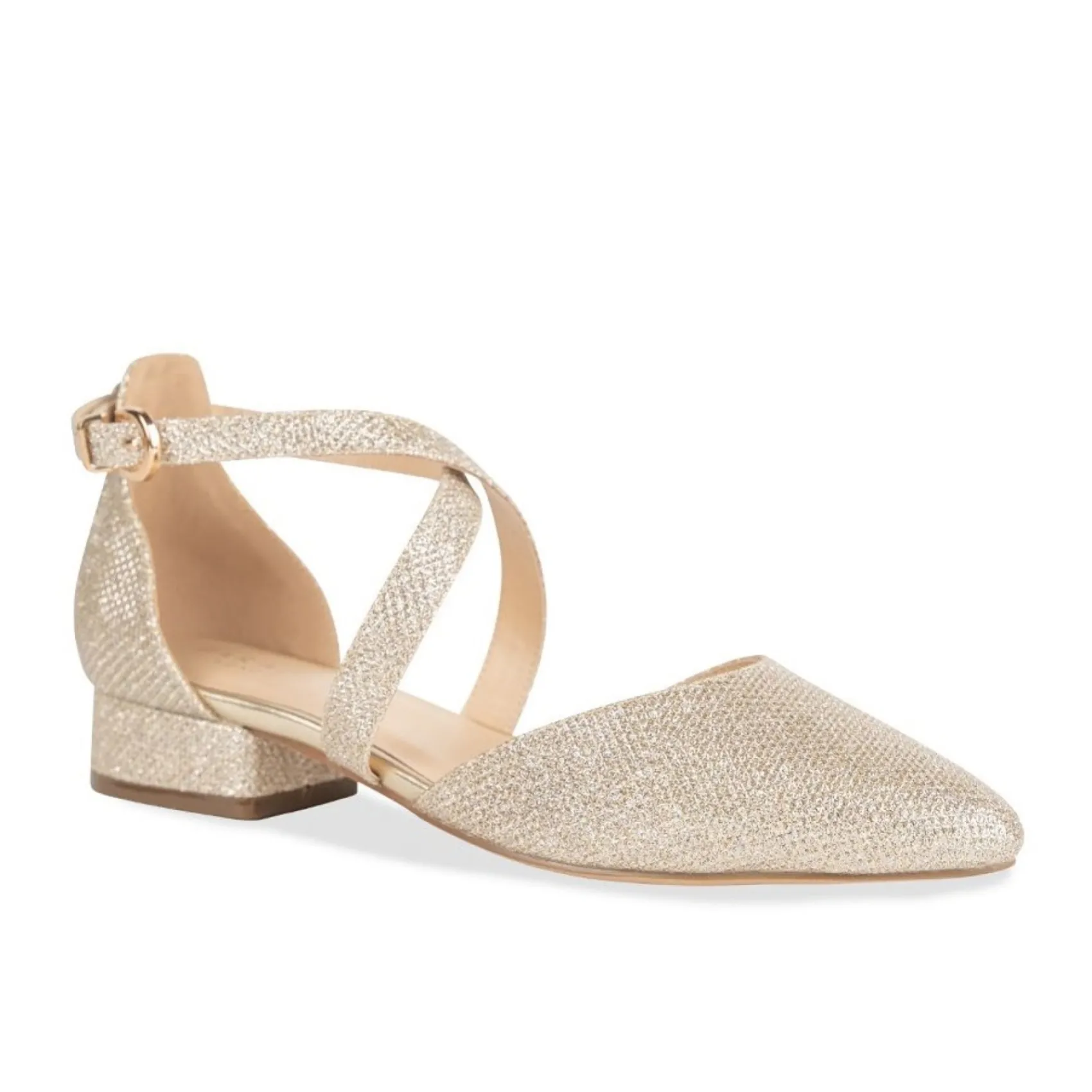 Paradox London Inaya Champagner Schimmer Cross Strap Low Block Heels* Glitzernde Ballschuhe | Goldene Ballschuhe