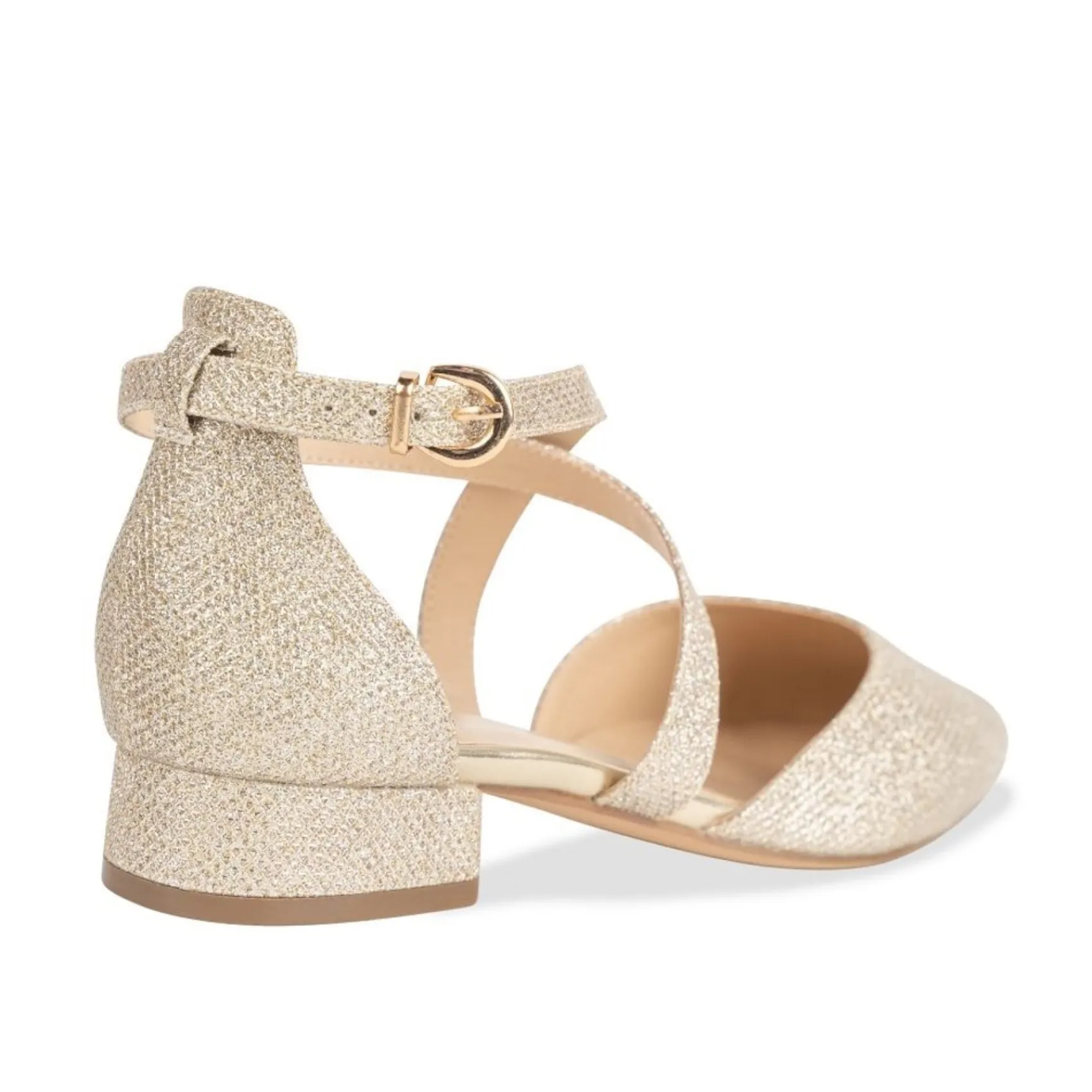 Paradox London Inaya Champagner Schimmer Cross Strap Low Block Heels* Glitzernde Ballschuhe | Goldene Ballschuhe