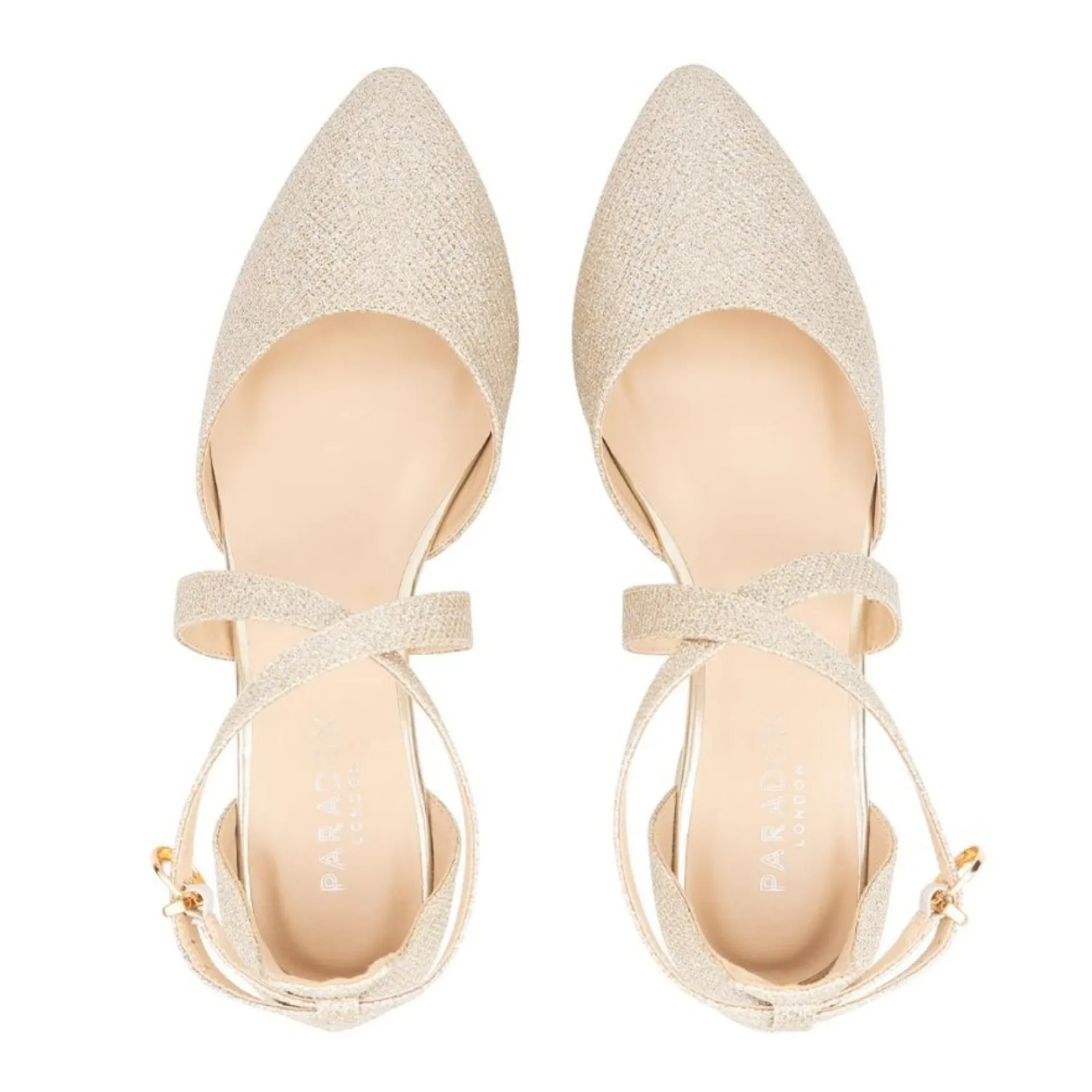 Paradox London Inaya Champagner Schimmer Cross Strap Low Block Heels* Glitzernde Ballschuhe | Goldene Ballschuhe
