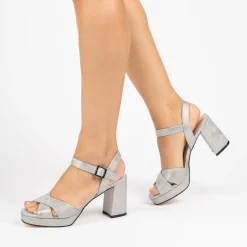 Paradox London Landon Silber Schimmernde Blockabsatz Plateau Sandalen* Glitzernde Ballschuhe | Silberne Ballschuhe