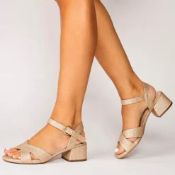 Paradox London Neala Champagner Glitter Breite Passform Niedriger Blockabsatz Sandalen* Glitzernde Ballschuhe | Goldene Ballschuhe