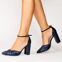 Paradox London Rhea Marine Schimmer Blockabsatz Knöchelriemen Gericht Schuhe* Glitzernde Ballschuhe | Blaue Ballschuhe