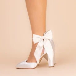 Perfect Bridal Arabella Elfenbeinfarbene Satin High Block Heels mit übergroßer Schleife* Hochzeitsschuhe | Hochhackige Schuhe