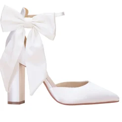 Perfect Bridal Arabella Elfenbeinfarbene Satin High Block Heels mit übergroßer Schleife* Hochzeitsschuhe | Hochhackige Schuhe