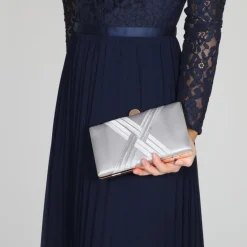 Perfect Bridal Bay Silver Criss Cross Satin Clutch Tasche* Abschlussball-taschen | Hochzeitsgäste-taschen