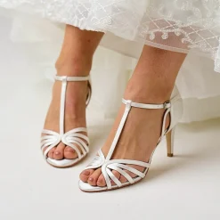 Perfect Bridal Bryony Elfenbeinfarbene Satin Riemchen T-Bar Sandalen* Hochzeitsschuhe | Hochhackige Schuhe