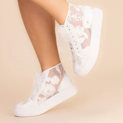 Perfect Bridal Cameron Elfenbein Floral Spitze High-Top-Plattform-Trainer* Hochzeitsschuhe | Spitze Hochzeitsschuhe