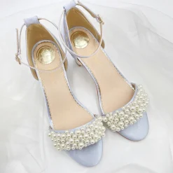 Perfect Bridal Carrie Blau Satin Perle Blockabsatz Sandalen* Schuhe Für Hochzeitsgäste | Schuhe Für Brautjungfern