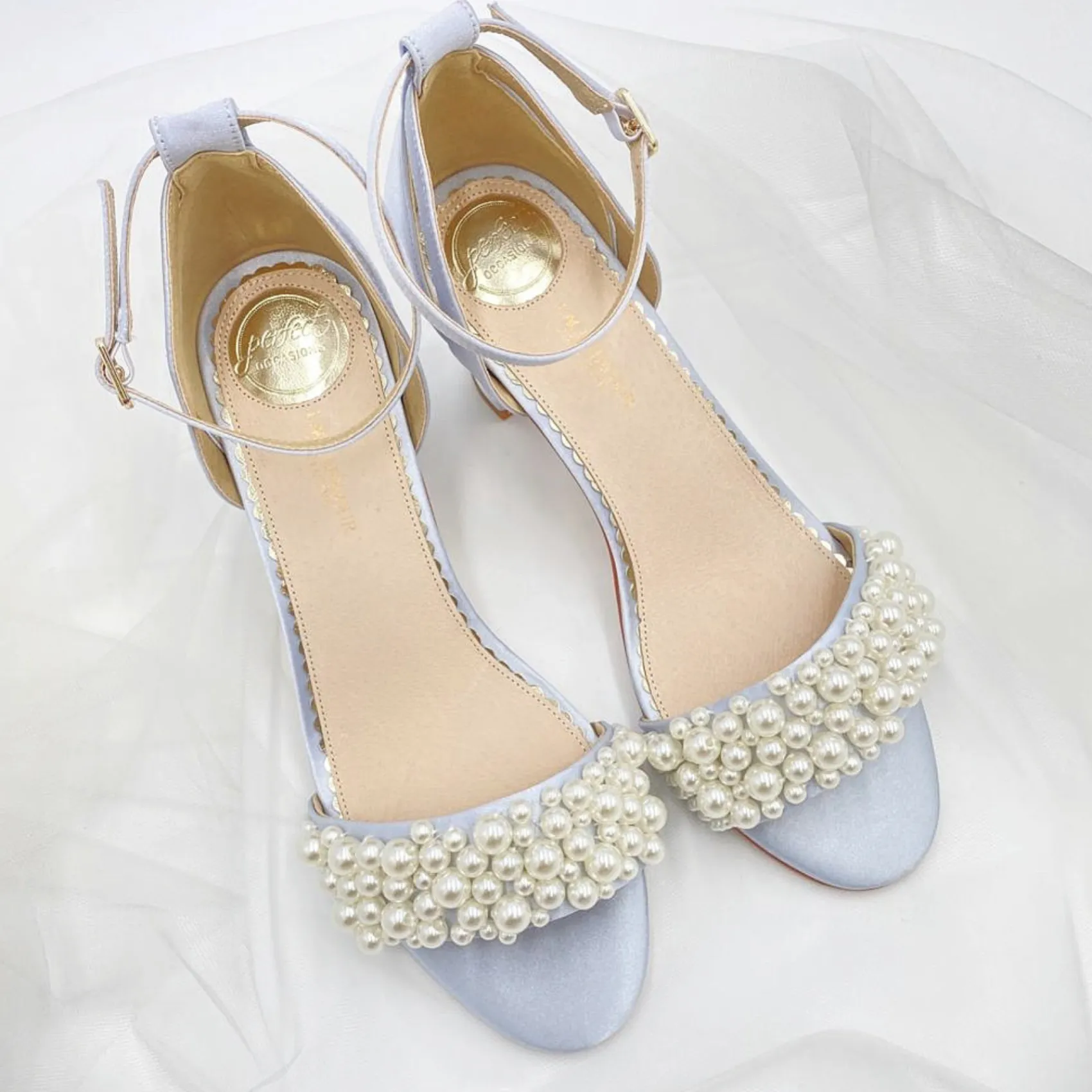 Perfect Bridal Carrie Blau Satin Perle Blockabsatz Sandalen* Schuhe Für Hochzeitsgäste | Schuhe Für Brautjungfern