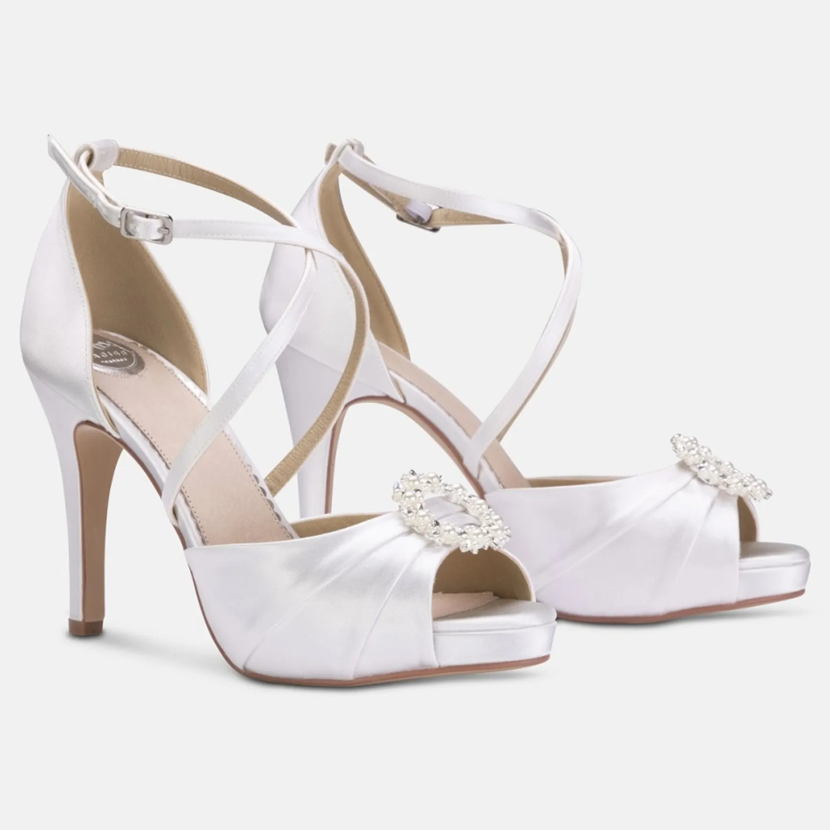 Perfect Bridal Charlotte Elfenbein Satin Perlenbrosche Plateausandalen* Hochzeitsschuhe | Hochhackige Schuhe