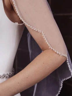 Perfect Bridal Elfenbeinfarbener, einstufiger, mit Perlen besetzter kurzer Schleier* Einstufige Schleier | Ellenbogenlange Schleier