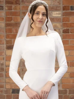 Perfect Bridal Elfenbeinfarbener, einstufiger, kurzer Schleier mit Perlen und Diamantbesatz* Einstufige Schleier | Ellenbogenlange Schleier