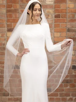 Perfect Bridal Elfenbeinfarbener einstufiger Schleier mit Bleistiftrand und Perlenbesatz* Einstufige Schleier | Bodenlange Schleier