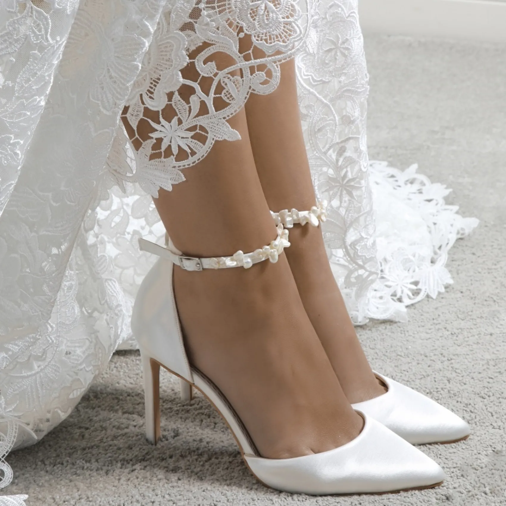 Perfect Bridal Ella Elfenbein Satin Keshi Perle Knöchelriemen Gericht Schuhe* Hochzeitsschuhe | Schuhe Zum Färben