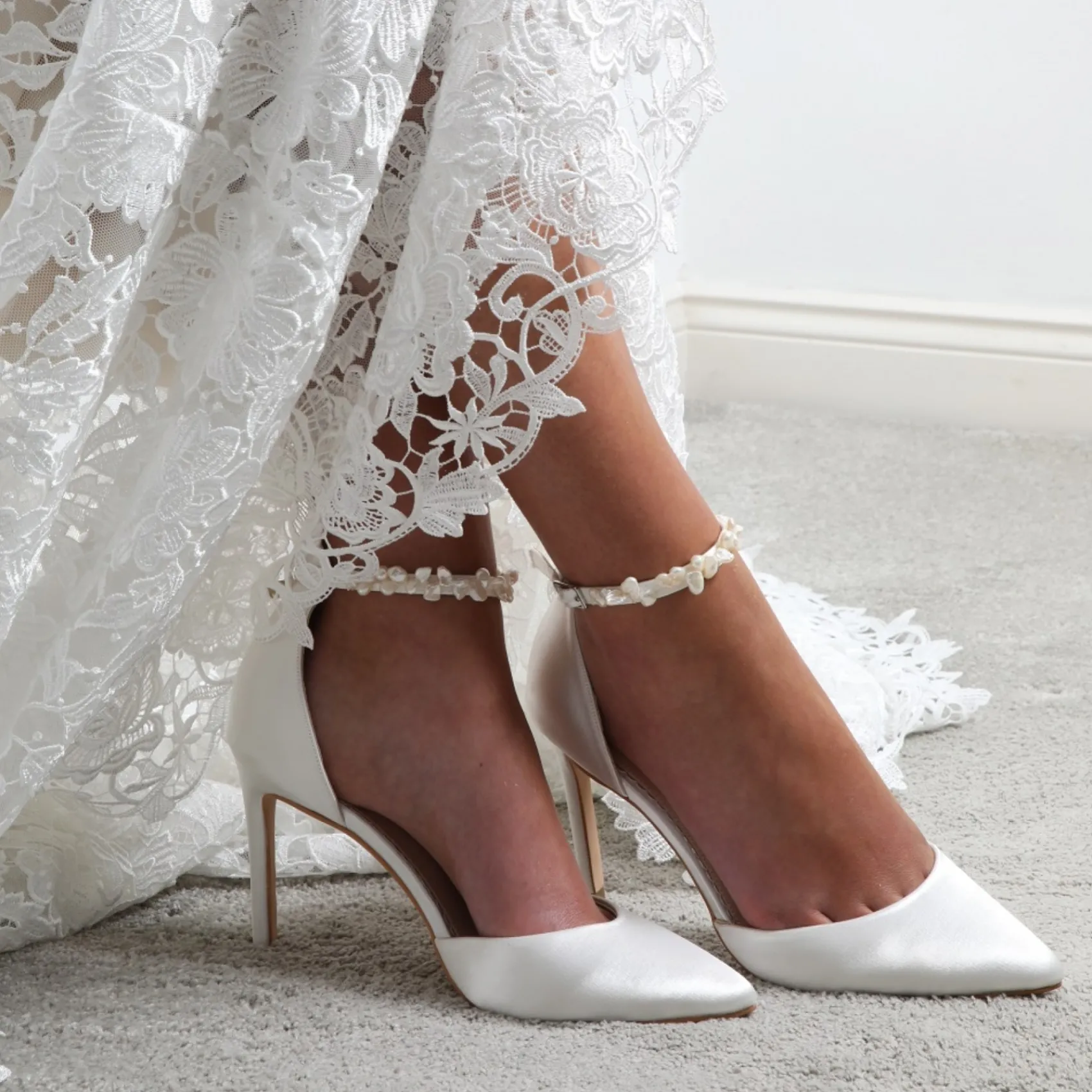 Perfect Bridal Ella Elfenbein Satin Keshi Perle Knöchelriemen Gericht Schuhe* Hochzeitsschuhe | Schuhe Zum Färben