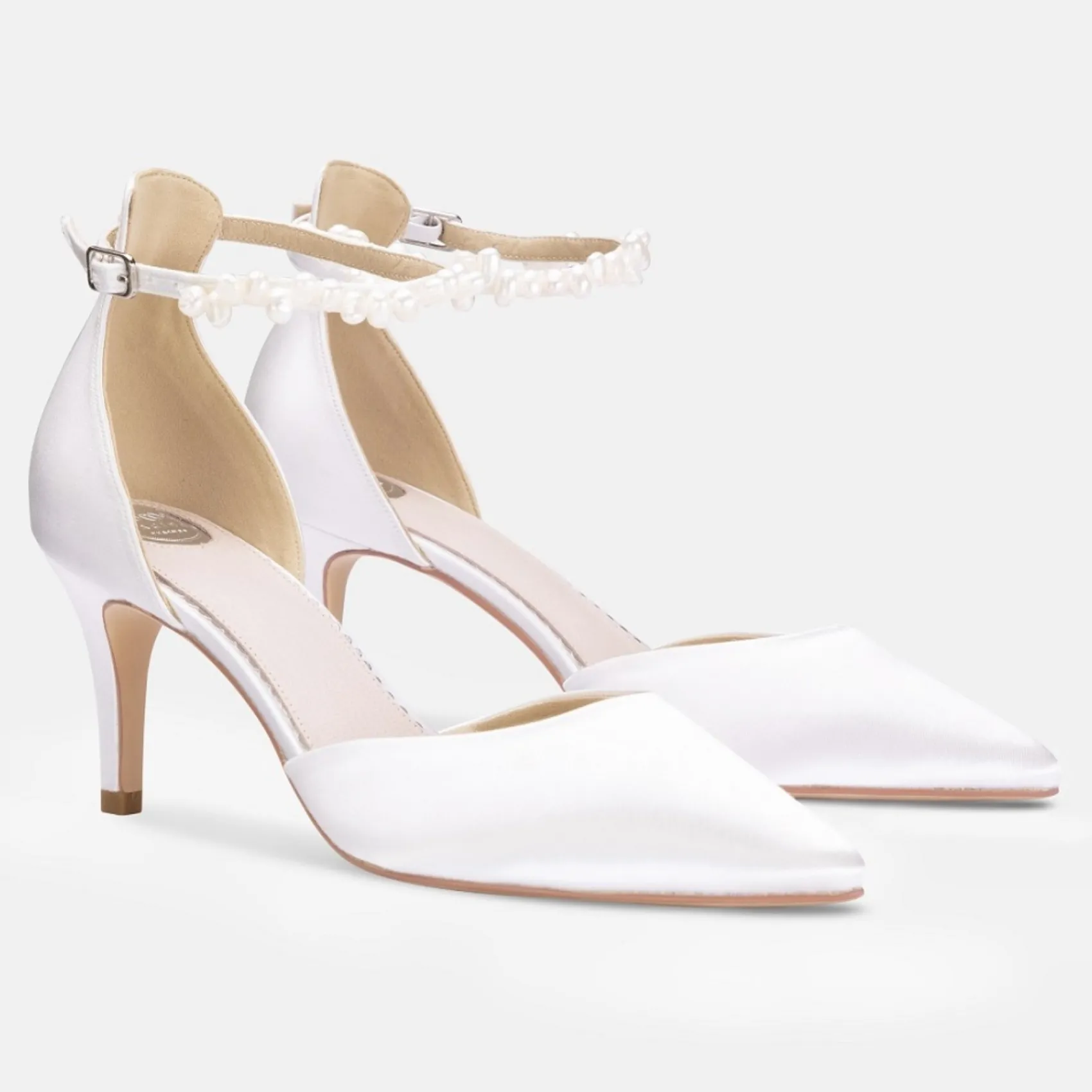 Perfect Bridal Ella Mid Einfärbbar Elfenbein Satin Keshi Perle Knöchelriemen Gericht Schuhe* Hochzeitsschuhe | Schuhe Mit Mittlerem Absatz