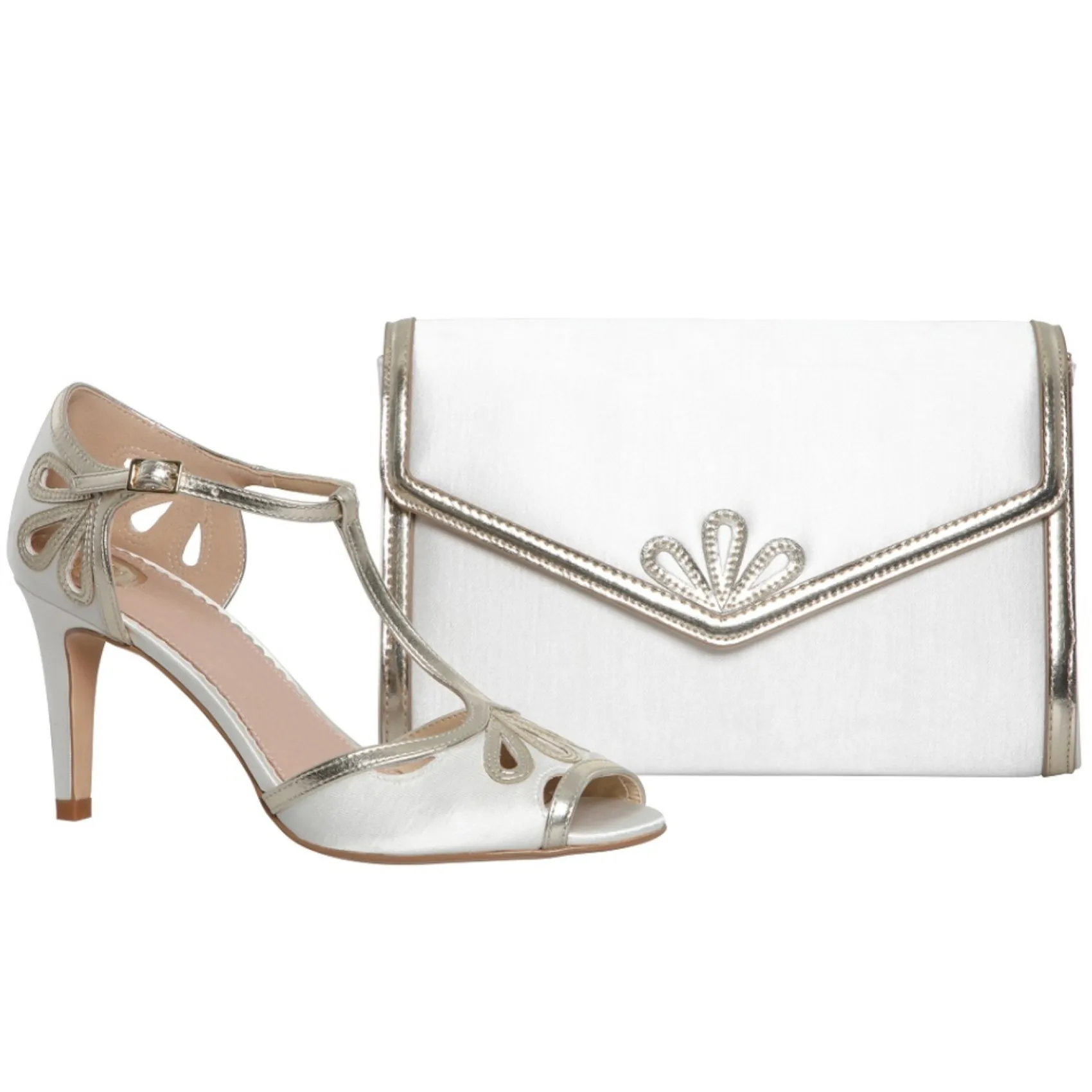 Perfect Bridal Esme Färbbare Elfenbein Satin und Gold Schimmer T-Bar Schuhe* Schuhe Für Hochzeitsgäste | Hochzeitsschuhe