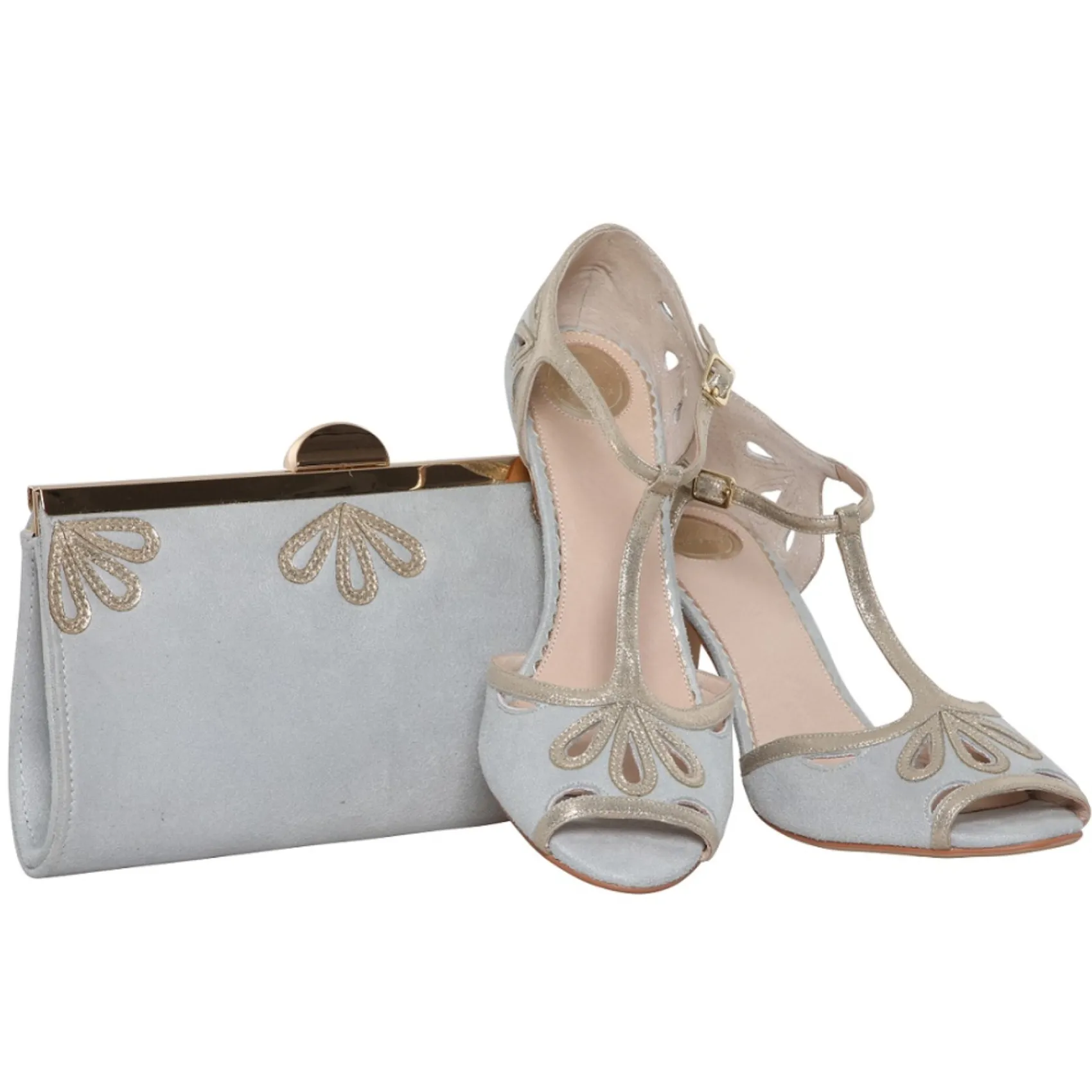 Perfect Bridal Esme Perle Grau Wildleder und Gold Schimmer T-Bar Schuhe* Schuhe Für Hochzeitsgäste | Schuhe Für Die Mutter Der Braut