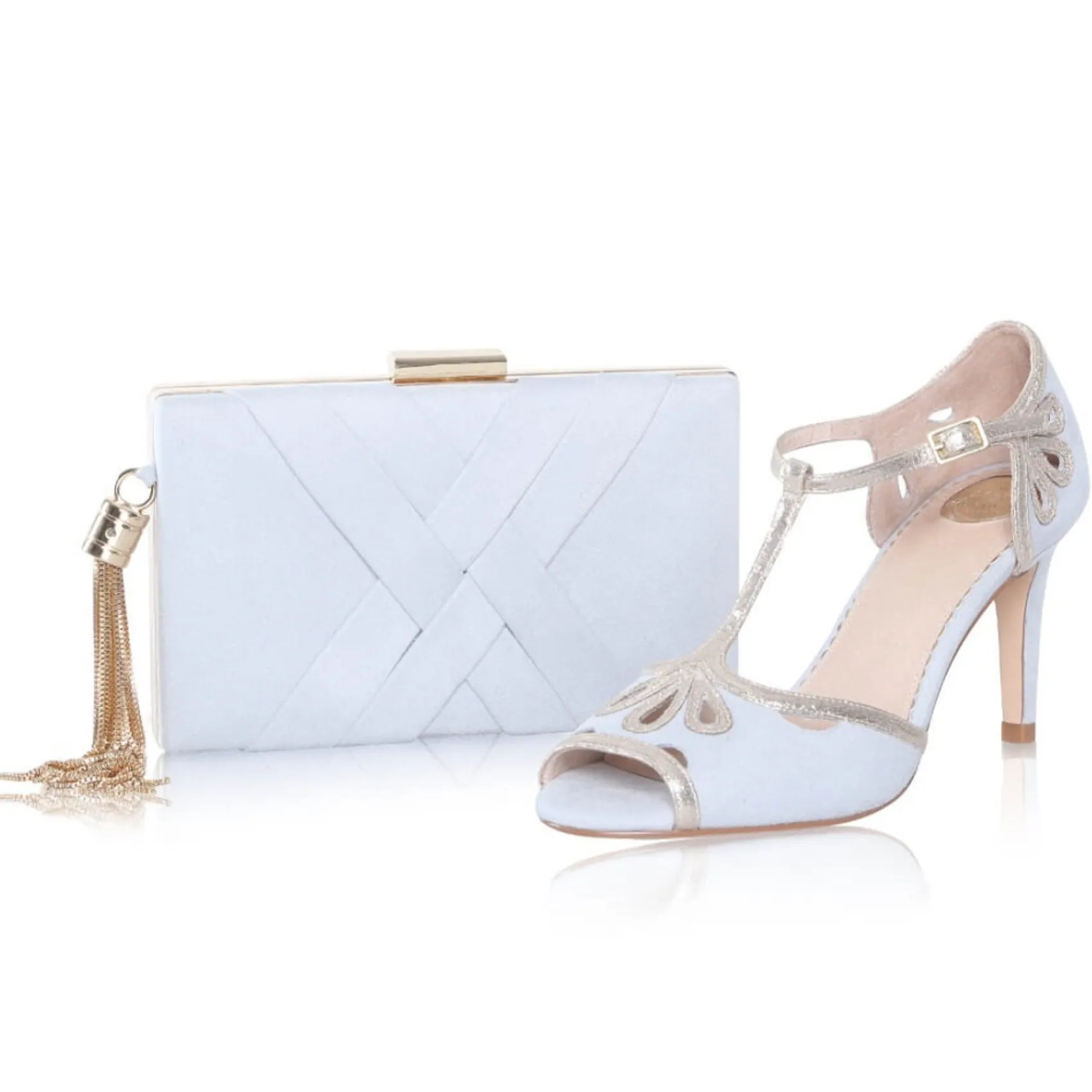 Perfect Bridal Esme Perle Grau Wildleder und Gold Schimmer T-Bar Schuhe* Schuhe Für Hochzeitsgäste | Schuhe Für Die Mutter Der Braut