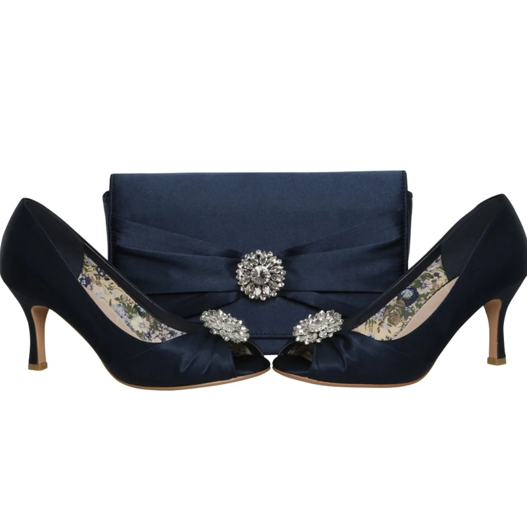 Perfect Bridal Gina Navy Satin Peep Toe Schuhe mit Kristallbesatz* Schuhe Für Hochzeitsgäste | Schuhe Für Die Mutter Der Braut